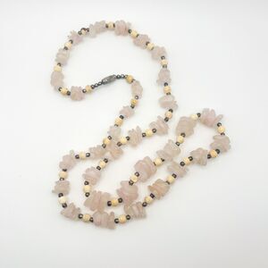 Vintage Rose Quartz Beaded Necklace 28" Pink Stone Chip Ivory Beads